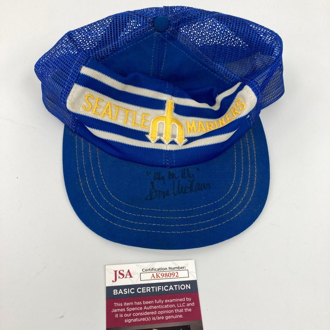 Dave Niehaus Signed 1970's Seattle Mariners Hat JSA COA: Dave Niehaus Signed 1970's Seattle Mariners Hat JSA COA This vintage 1970's Seattle Mariners hat, signed by the legendary Dave Niehaus, features his iconic phrase "My Oh My". It comes with a James Spe