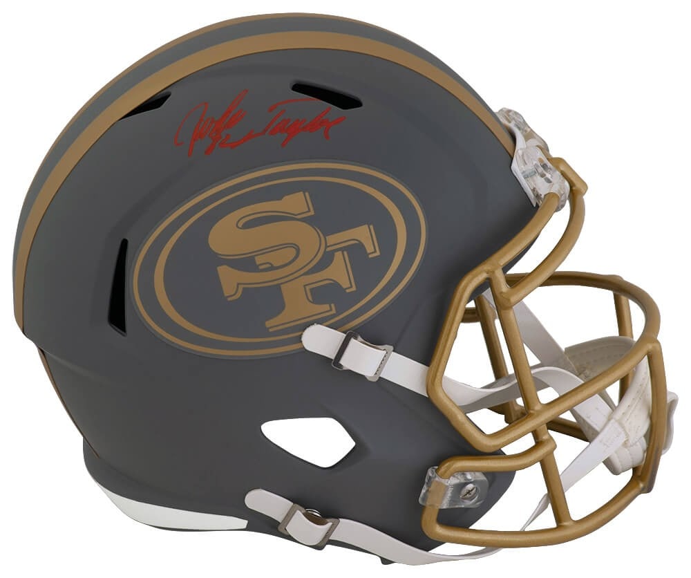 John Taylor Autographed 49ers Slate Riddell Full Size Helmet with COA: John Taylor Autographed 49ers Slate Riddell Full Size Helmet with COA This is a full-size replica helmet of the San Francisco 49ers, signed by legendary player John Taylor. The helmet features a sleek