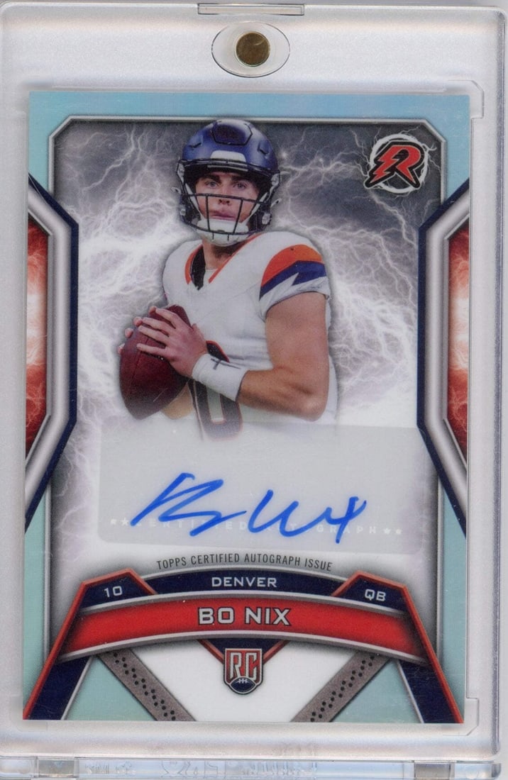 2024 Topps Bo Nix Rookie Autograph NFL Card: 2024 Topps Bo Nix Rookie Autograph NFL Card This 2024 Topps Resurgence Bo Nix rookie football card features an authentic autograph from the athlete himself. Graded for quality assurance, this original