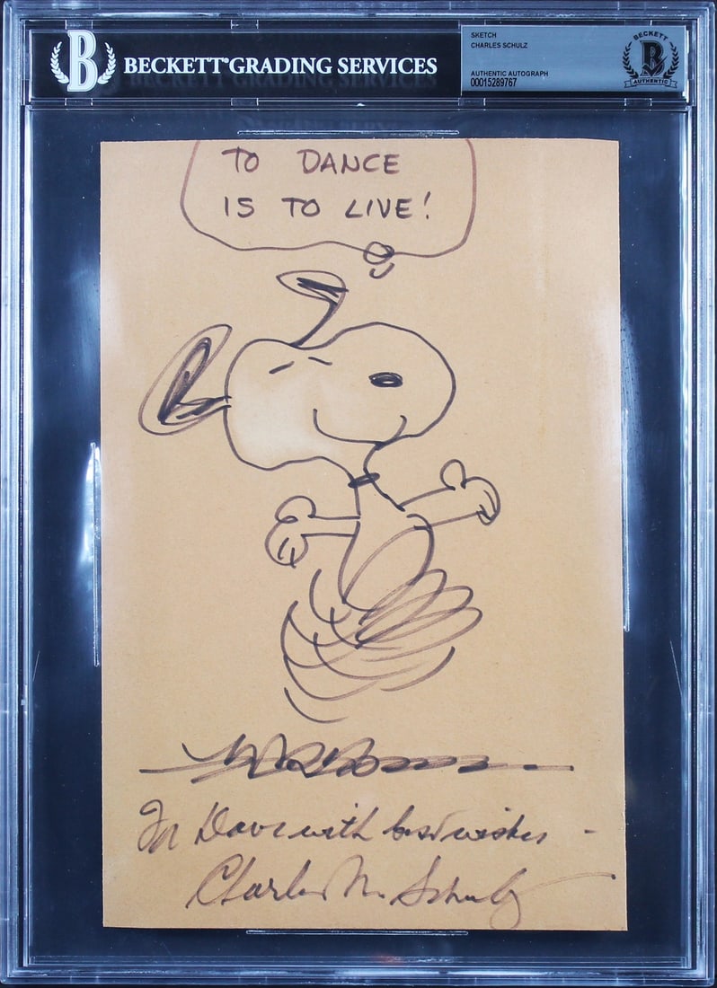 Charles Schulz Signed Snoopy Sketch 7x10 Best Wishes Beckett Authenticated: Charles Schulz Signed Snoopy Sketch 7x10 Best Wishes Beckett Authenticated This unique 7x10 hand-drawn Snoopy sketch, personally signed by Charles Schulz, features the charming inscription "To Dance I