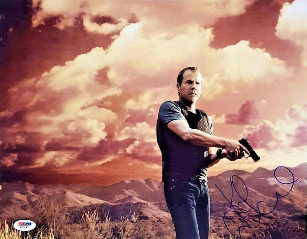Kiefer Sutherland 24 Signed 11x14 Photo PSA/DNA: Kiefer Sutherland 24 Signed 11x14 Photo PSA/DNA This is an authentically signed 11x14 photo of Kiefer Sutherland from the television series 24. The autograph has been verified by PSA/DNA, ensuring its