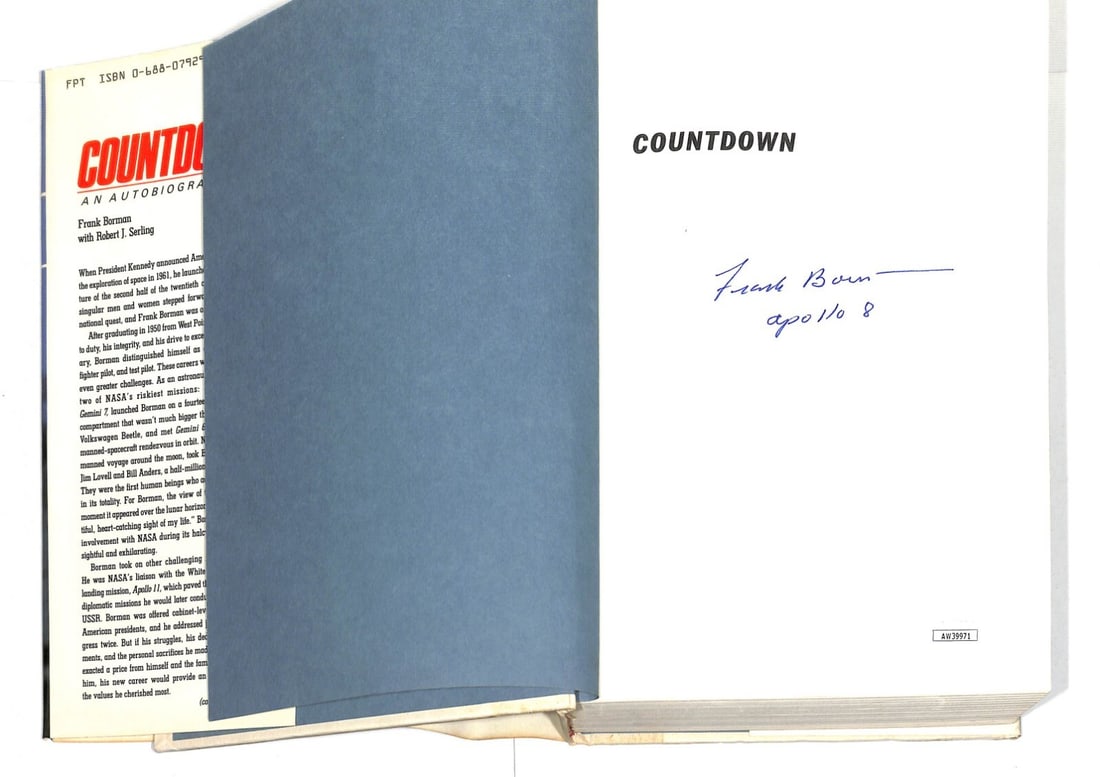 Frank Borman Autographed Countdown Book JSA Authenticated NASA Astronaut: Frank Borman Autographed Countdown Book JSA Authenticated NASA Astronaut This is a pre-owned hardcover book titled "Countdown" autographed by renowned NASA astronaut Frank Borman. It features insights