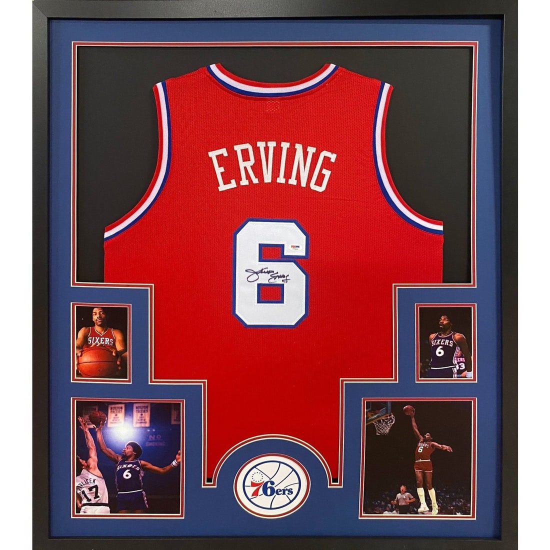Julius Erving Signed Framed Jersey PSA/DNA Philadelphia 76ers: Julius Erving Signed Framed Jersey PSA/DNA Philadelphia 76ers Celebrate basketball history with this autographed Julius Erving framed jersey, showcasing the legendary player's signature. The jersey is