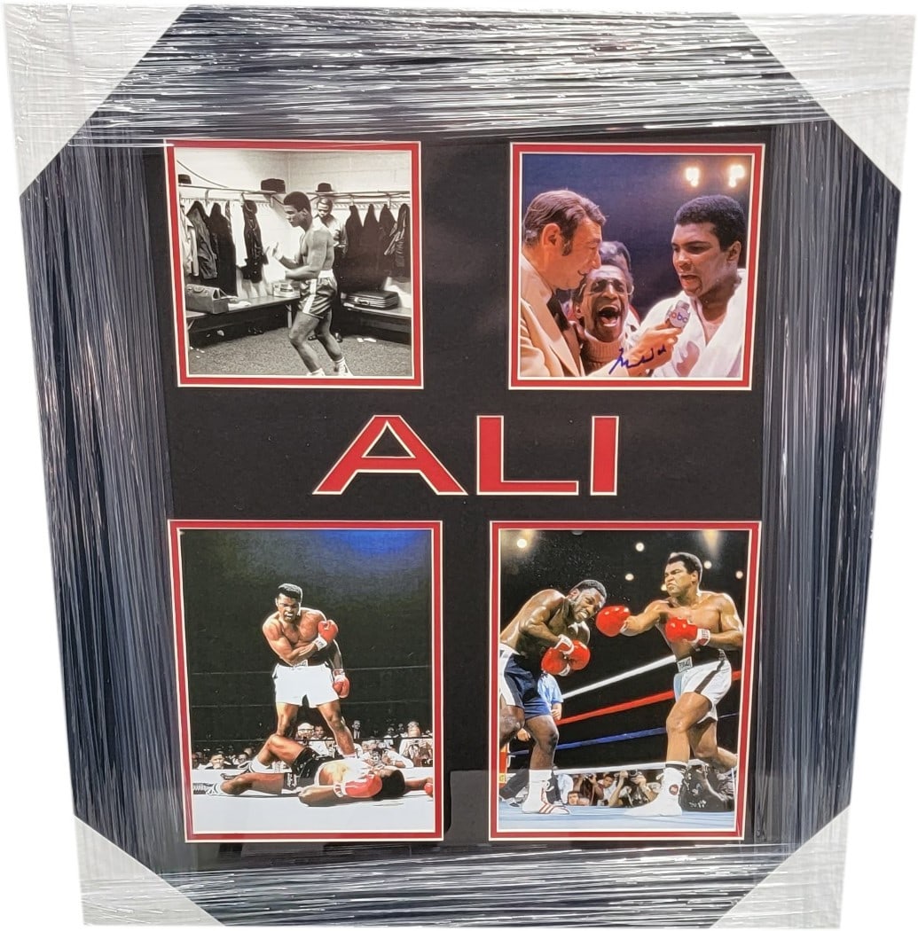 Muhammad Ali Hand Signed 8x10 Framed Photo with 3 Unsigned JSA: Muhammad Ali Hand Signed 8x10 Framed Photo with 3 Unsigned JSA This stunning framed piece features a hand-signed 8x10 photograph of Muhammad Ali, along with three additional unsigned 8x10 photos. The 