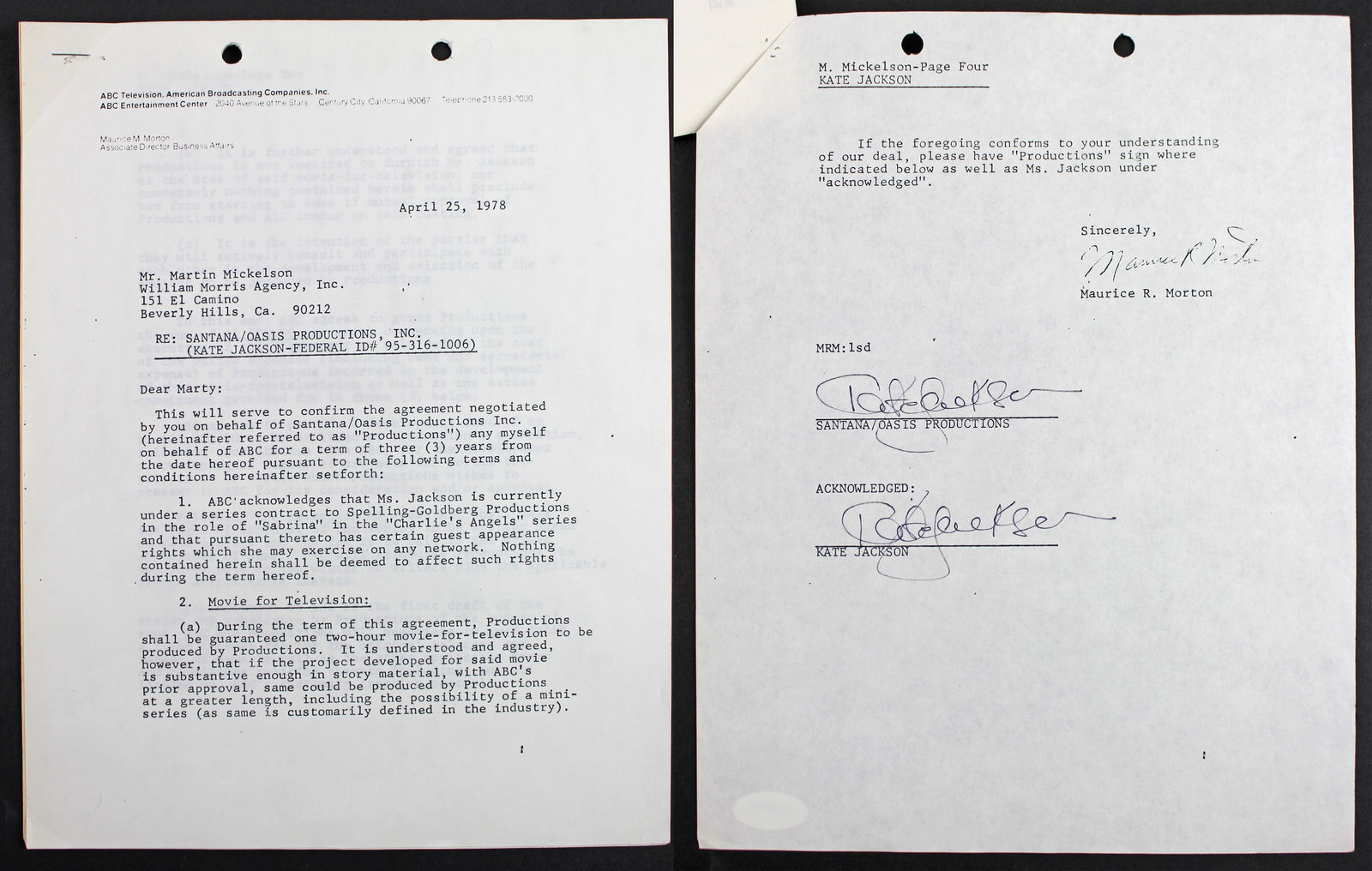 Kate Jackson Signed 1978 Charlie's Angels Contract PSA Authenticated: Kate Jackson Signed 1978 Charlie's Angels Contract PSA Authenticated This is a remarkable piece of television history: a double-autographed, 4-page contract dated April 28, 1978, personally signed by