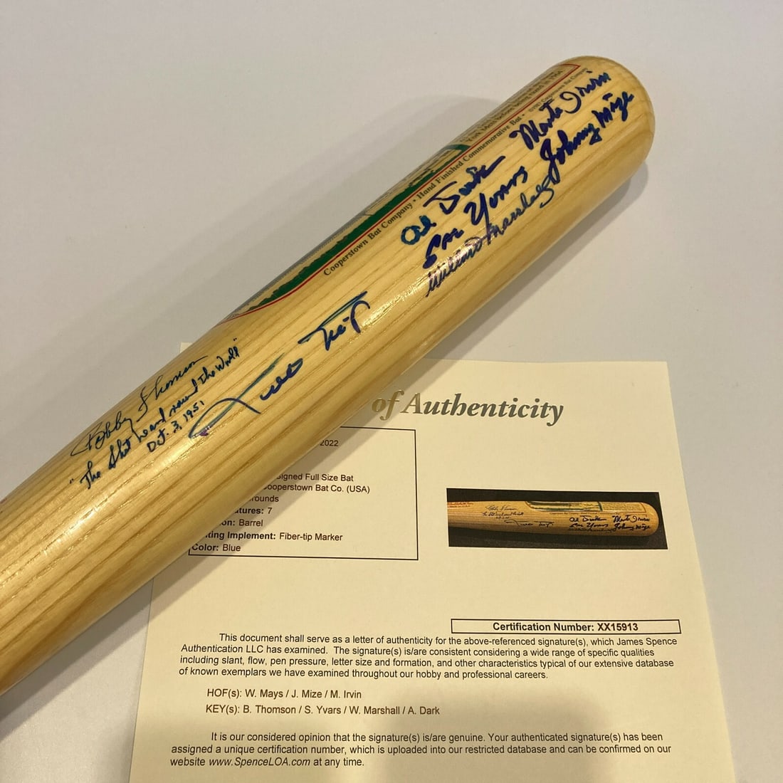 Willie Mays Bobby Thomson Signed Commemorative Bat JSA COA: Willie Mays Bobby Thomson Signed Commemorative Bat JSA COA This is a commemorative "Polo Grounds" bat celebrating the legendary "Shot Heard 'Round the World" moment in baseball history. This original