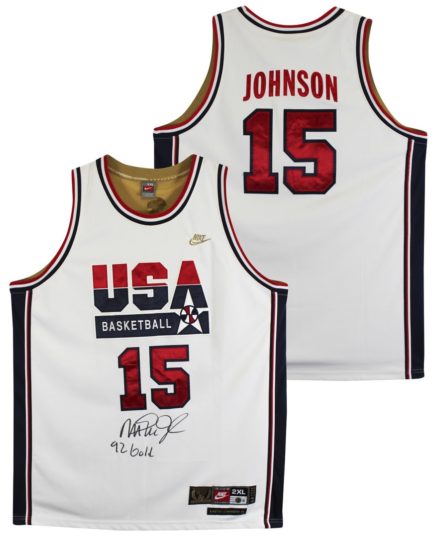 Magic Johnson Signed Nike Team USA Jersey 92 Gold Beckett Authenticated: Magic Johnson Signed Nike Team USA Jersey 92 Gold Beckett Authenticated Celebrate the legacy of Magic Johnson with this autographed White Nike Team USA Dream Team Jersey, featuring the inscription "92