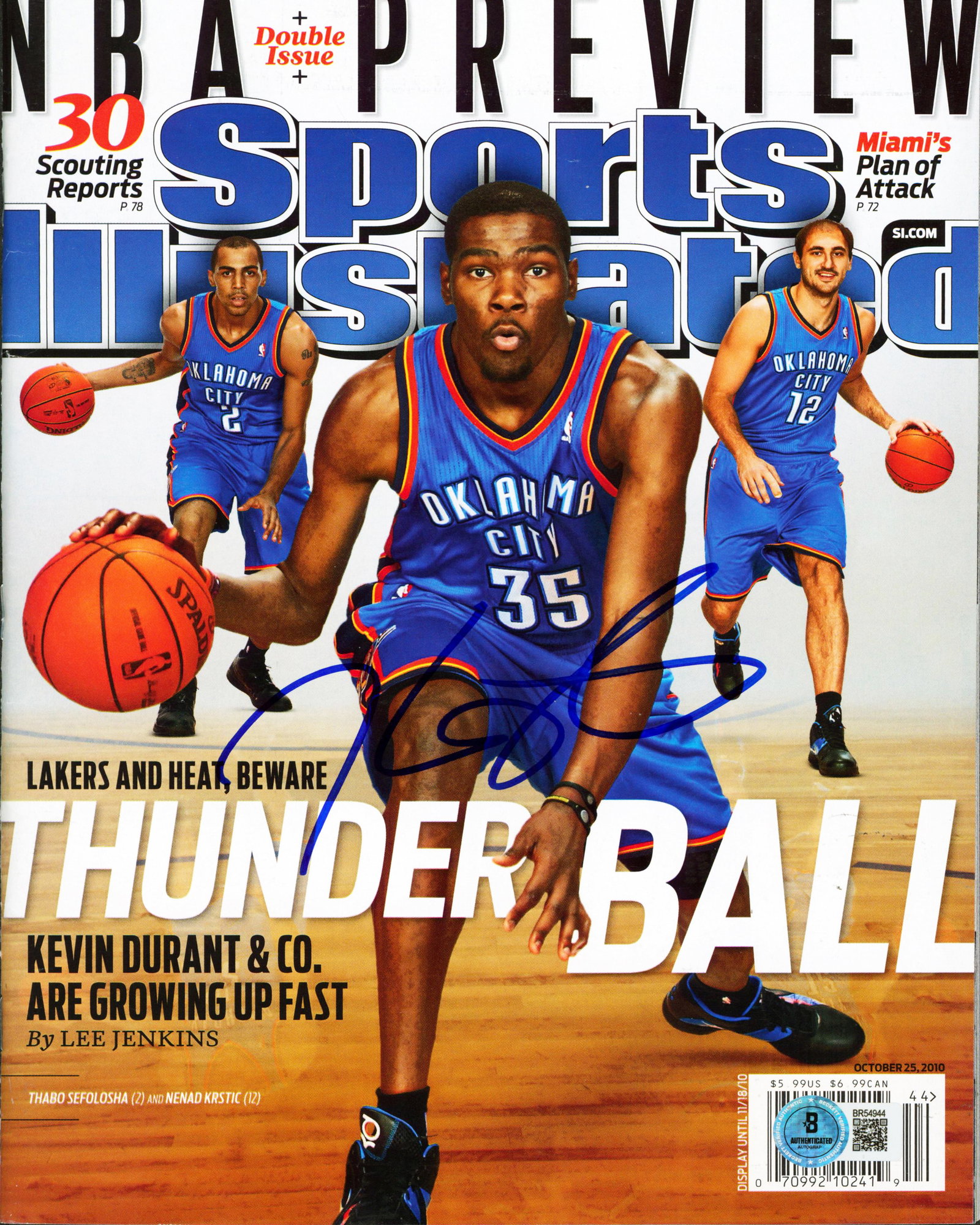 Kevin Durant Signed Sports Illustrated Oct 2010 Magazine Beckett Authenticated: Kevin Durant Signed Sports Illustrated Oct 2010 Magazine Beckett Authenticated This is an original Sports Illustrated magazine dated October 25, 2010, featuring a personal autograph from Kevin Durant 
