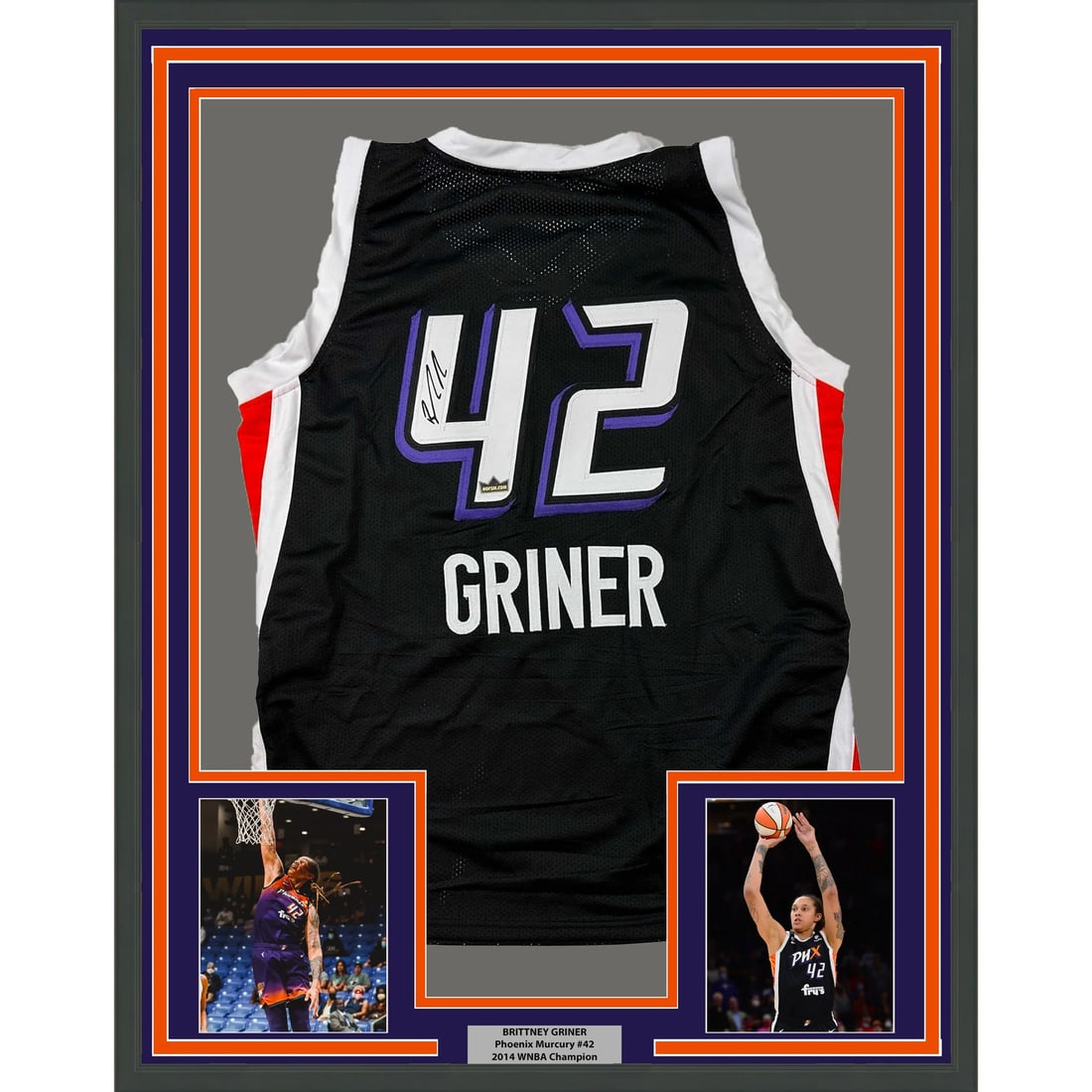Framed Original Brittney Griner Laser Jersey JSA Authenticated: Framed Original Brittney Griner Laser Jersey JSA Authenticated This framed facsimile jersey features the iconic design of Brittney Griner, a prominent player of the Phoenix Mercury in the WNBA. The je