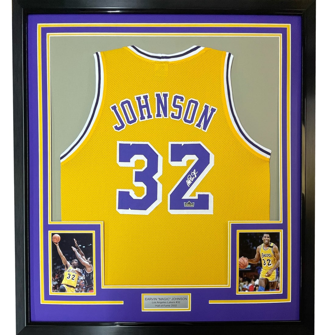 Framed Original Reprint Magic Johnson Jersey 33x42 with JSA Authentication: Framed Original Reprint Magic Johnson Jersey 33x42 with JSA Authentication This stunning framed reprint jersey celebrates the legendary career of Earvin 'Magic' Johnson, a prominent figure in the NBA 