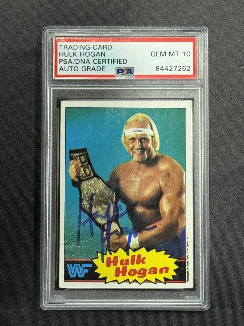 Hulk Hogan Signed 1985 Topps WWF Rookie Card #16 PSA 10 AUTO: Hulk Hogan Signed 1985 Topps WWF Rookie Card #16 PSA 10 AUTO This is a 1985 Topps WWF Wrestling Card #16 featuring the legendary Hulk Hogan. The card has been hand-signed by Hogan and is graded PSA 10