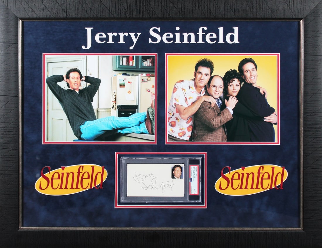 Jerry Seinfeld Signed Framed 3x5 Index Card PSA/DNA Authentic: Jerry Seinfeld Signed Framed 3x5 Index Card PSA/DNA Authentic This authentic and framed 3x5 index card features the signature of Jerry Seinfeld, the renowned comedian and star of the hit television sh