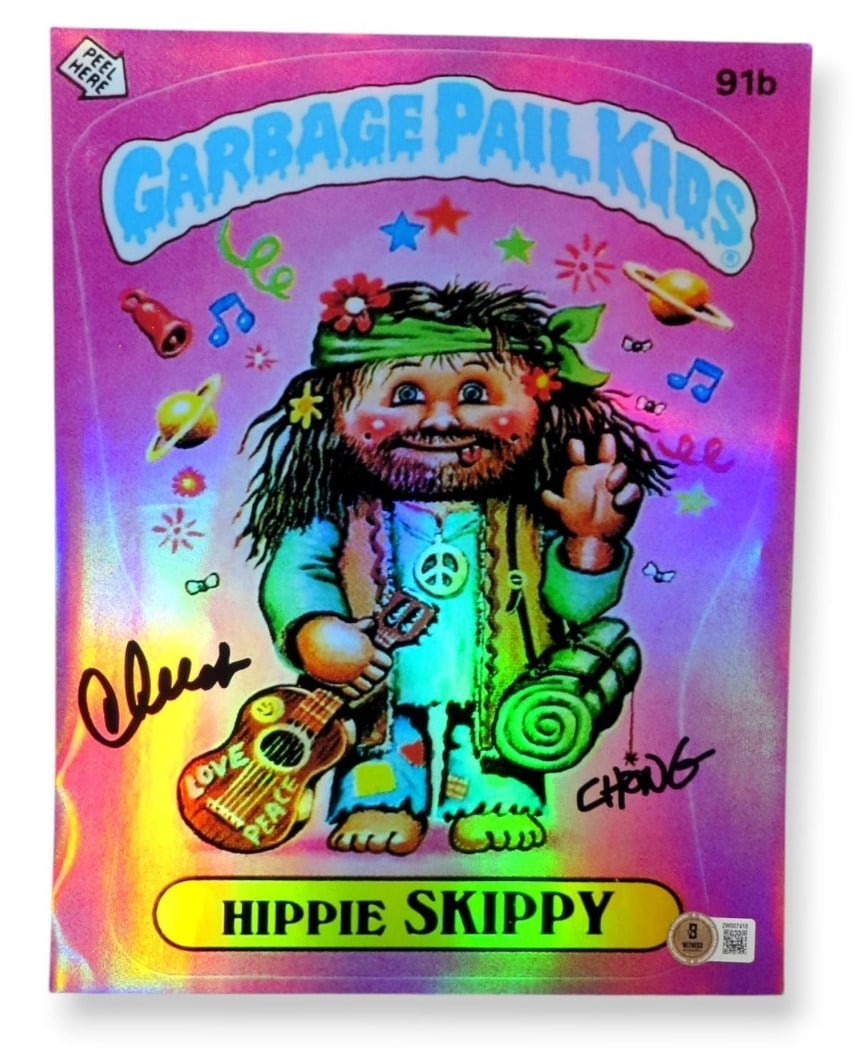 Cheech Marin Tommy Chong Autographed Giant Sticker 8.5 x 11 Beckett Authenticated: Cheech Marin Tommy Chong Autographed Giant Sticker 8.5 x 11 Beckett Authenticated This is a Cheech Marin and Tommy Chong autographed giant sticker from the iconic Garbage Pail Kids series. The sticker