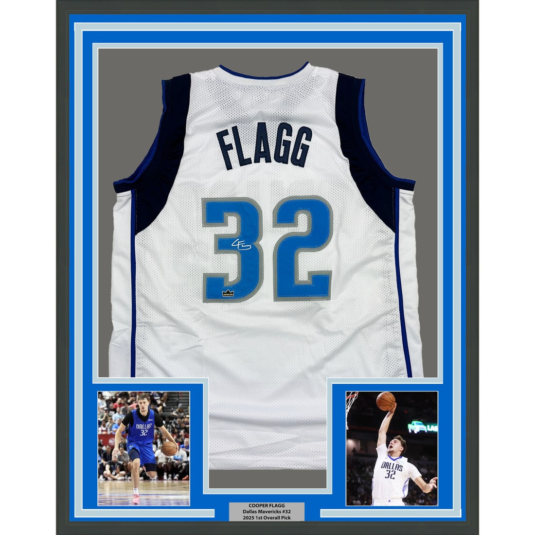 Framed Autographed Cooper Flagg Dallas Mavericks Jersey JSA Authenticated: Framed Autographed Cooper Flagg Dallas Mavericks Jersey JSA Authenticated This framed facsimile autographed jersey features Cooper Flagg, a prominent player of the Dallas Mavericks. The jersey is a re