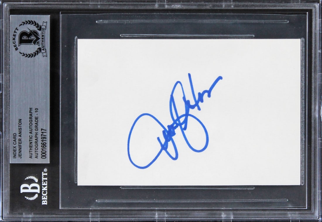 Jennifer Aniston Friends Signed 3x5 Index Card Gem Mint 10 BAS Authenticated: Jennifer Aniston Friends Signed 3x5 Index Card Gem Mint 10 BAS Authenticated This is a 3x5 index card personally signed by Jennifer Aniston, known for her iconic role in the television series Friends.
