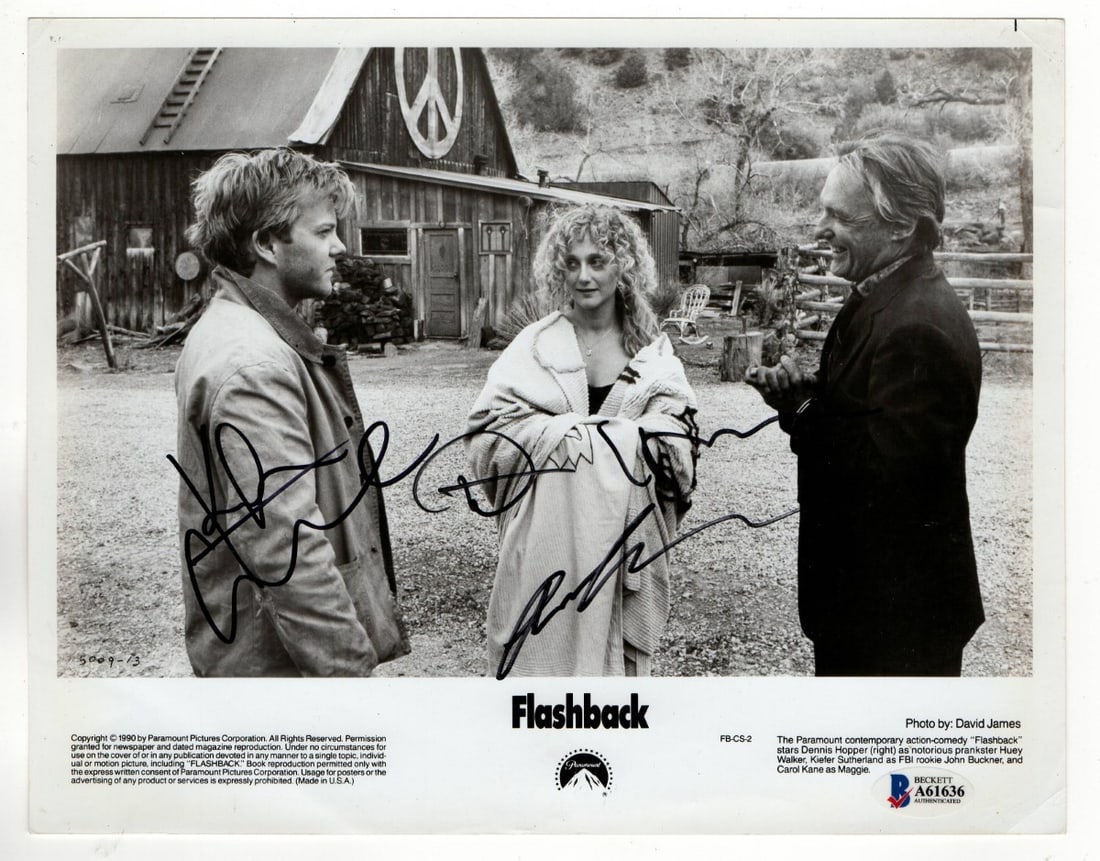 Multi Signed 8x10 Photo by Hopper Sutherland Masur JSA Authenticated: Multi Signed 8x10 Photo by Hopper Sutherland Masur JSA Authenticated This original 8x10 photograph features multiple autographs from notable actors Dennis Hopper, Kiefer Sutherland, and Richard Masur.