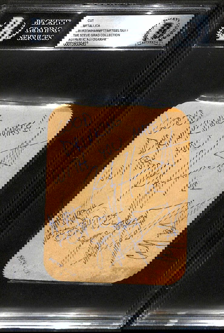 Metallica Multi-Signed Vintage Coaster Cliff Burton Hetfield Hammett Ulrich Beckett Certified: Metallica Multi-Signed Vintage Coaster Cliff Burton Hetfield Hammett Ulrich Beckett Certified This exceptional Metallica signed vintage bar coaster features the authentic signatures of the band's orig