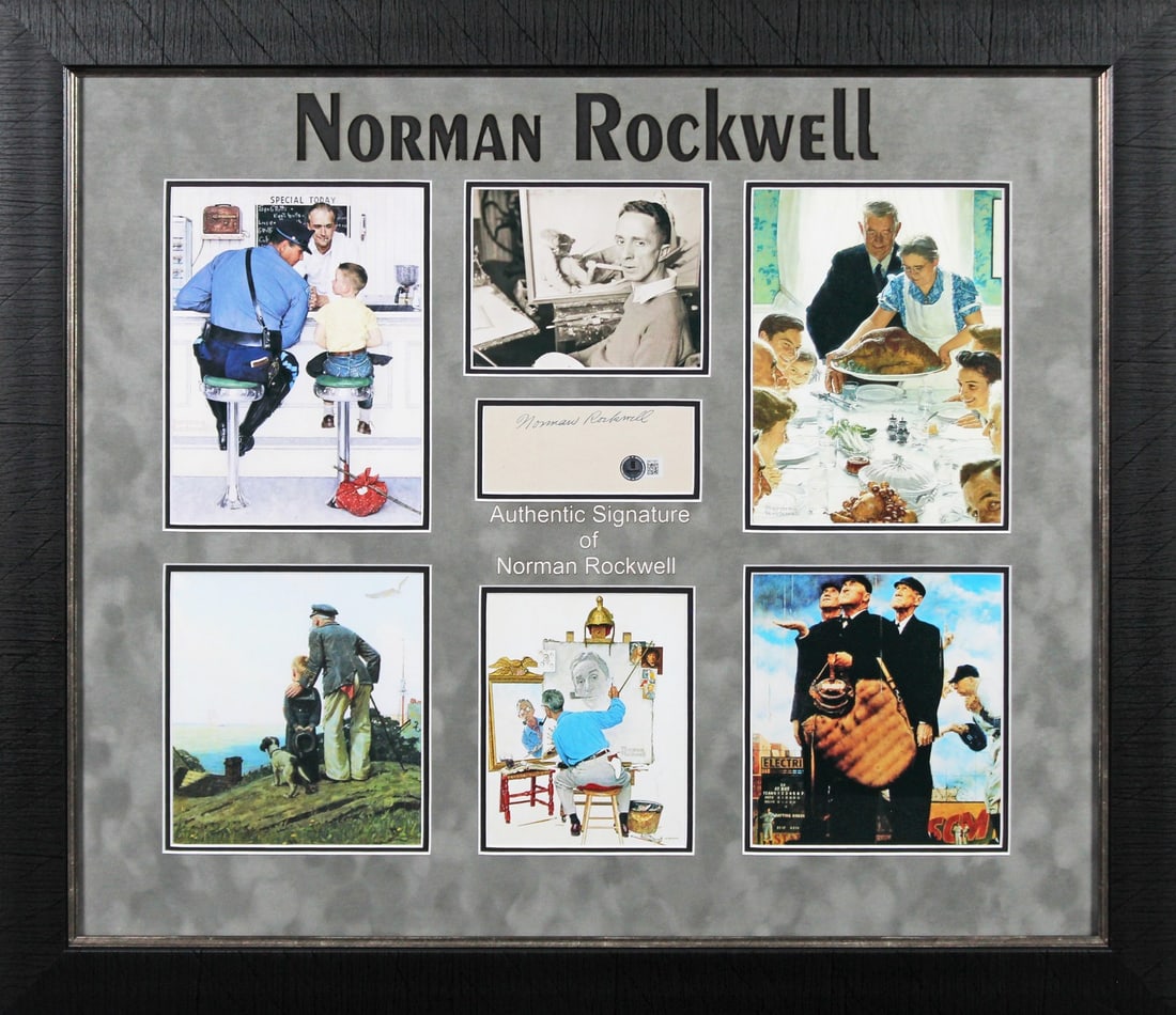 Norman Rockwell Signed Framed Photograph Authentic Beckett BAS: Norman Rockwell Signed Framed Photograph Authentic Beckett BAS This stunning framed cut signature features the authentic autograph of famed American artist Norman Rockwell. The item is professionally 