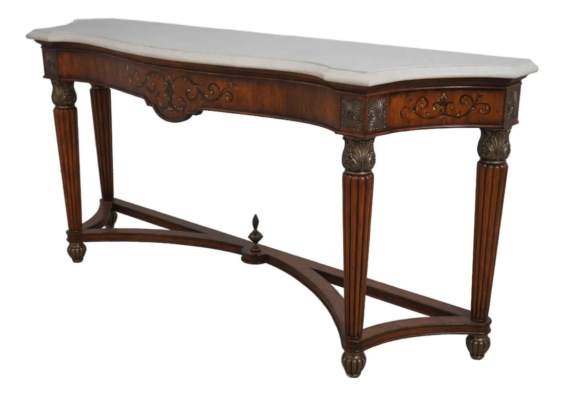 Maitland Smith Italian Regency Marble Top Console Table: Maitland Smith Italian Regency Marble Top Console Table Discover the exquisite Maitland Smith Regency Style Marble Top Console Table, part of the 'Vincente' Collection. This stunning piece features hi