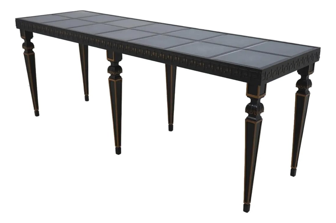 Neoclassical Ebony Gold Console Table with Smoked Glass Top: Neoclassical Ebony Gold Console Table with Smoked Glass Top Elevate your space with this stunning Neoclassical Console Table featuring an elegant ebony finish and luxurious gold accents. This table sh