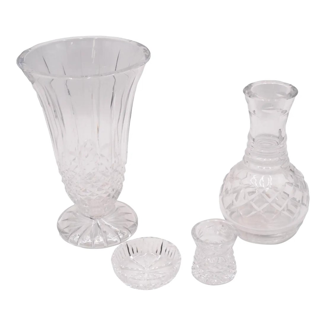 Set of 4 Crystal Cut Glass Bowls Decanter Vase Waterford Toothpick Holder: Set of 4 Crystal Cut Glass Bowls Decanter Vase Waterford Toothpick Holder This exquisite set of four crystal cut glass items features a stunning bowl, decanter, vase, and a toothpick holder. Each piec