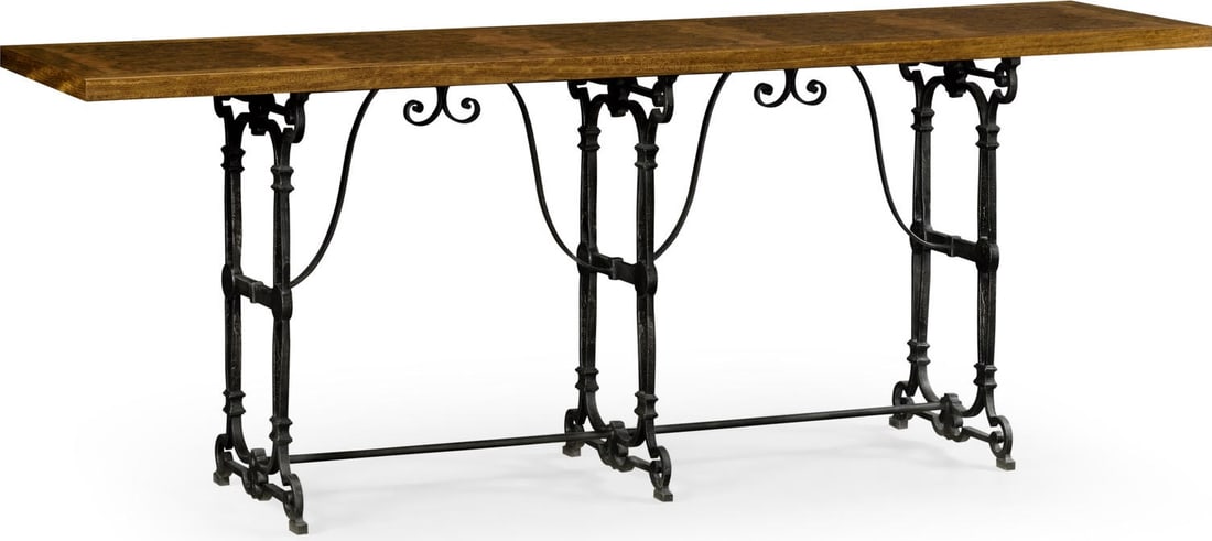 Jonathan Charles Industrial Burl Walnut Console Table 31.75H x 84W x 21D: Jonathan Charles Industrial Burl Walnut Console Table 31.75H x 84W x 21D Introducing a striking Vintage Style Industrial Console Table that combines elegance with a rugged aesthetic. Crafted from stai