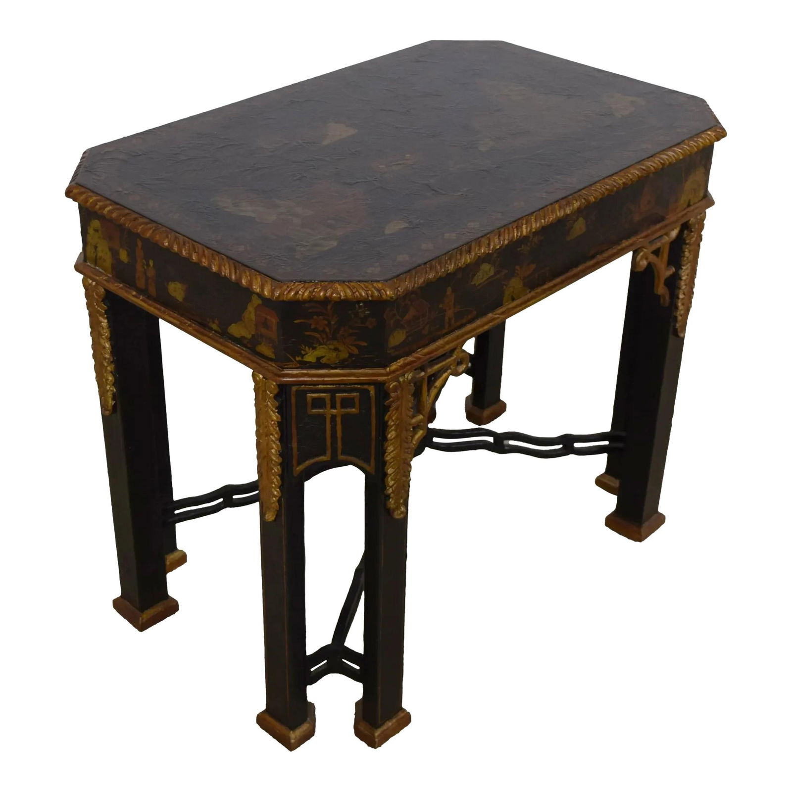 Maitland Smith Chippendale Chinoiserie Tea Table Black Wood 33x22x27.5: Maitland Smith Chippendale Chinoiserie Tea Table Black Wood 33x22x27.5 This exquisite Maitland Smith Chippendale Chinoiserie Decorated Tea Table showcases exceptional craftsmanship with a stunning tex