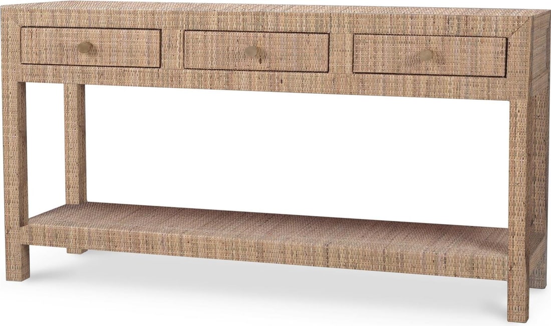 Bramble Kagu Natural Rattan Console Table 32H 60W 16D: Bramble Kagu Natural Rattan Console Table 32H 60W 16D This stylish Kagu console table by Bramble combines natural rattan with the elegance of mahogany and raffia wrapped rattan. Ideal for adding a tou