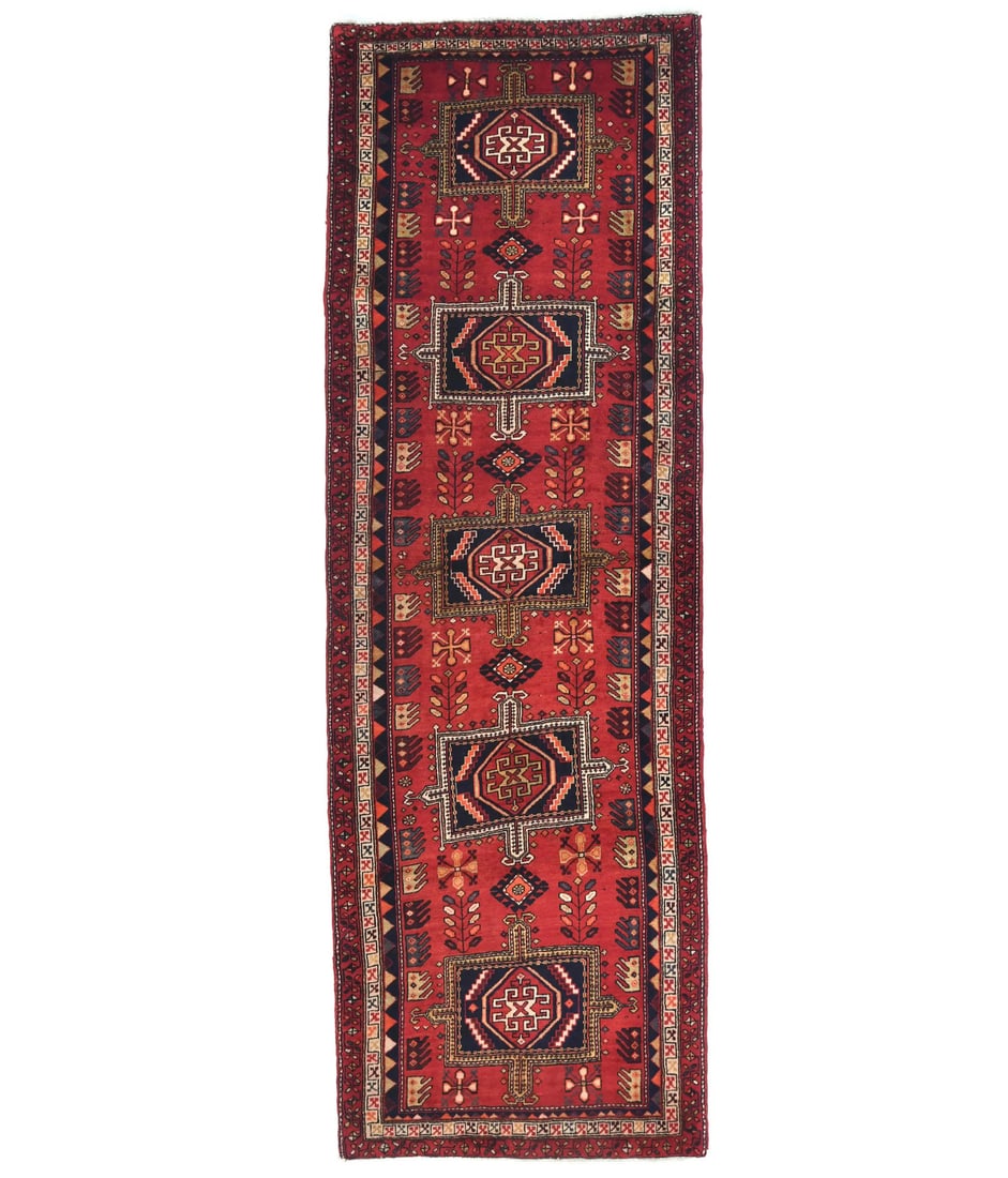 Handmade Vintage Tribal Geometric Wool Runner Rug 3'8 x 10'1: Handmade Vintage Tribal Geometric Wool Runner Rug 3'8 x 10'1 Enhance your living space with this Handmade Vintage Tribal Geometric Wool Oriental Runner Rug. Measuring 3'8" x 10'1", this exquisite piec