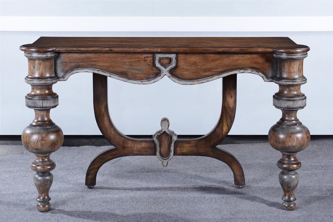 Rustic Pecan Solid Wood Portico Console Table Swedish Modern Design: Rustic Pecan Solid Wood Portico Console Table Swedish Modern Design Enhance your living space with this Solid Wood Portico Console Table, designed in a charming Swedish Modern style. Featuring a rusti