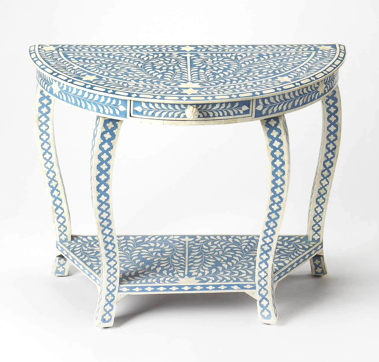 Butler Regency Blue Bone Inlay Demilune Console Table: Butler Regency Blue Bone Inlay Demilune Console Table This exquisite Intricate Bone Inlay Demilune Console Table combines elegance with functionality, showcasing a stunning blue bone inlay finish remi