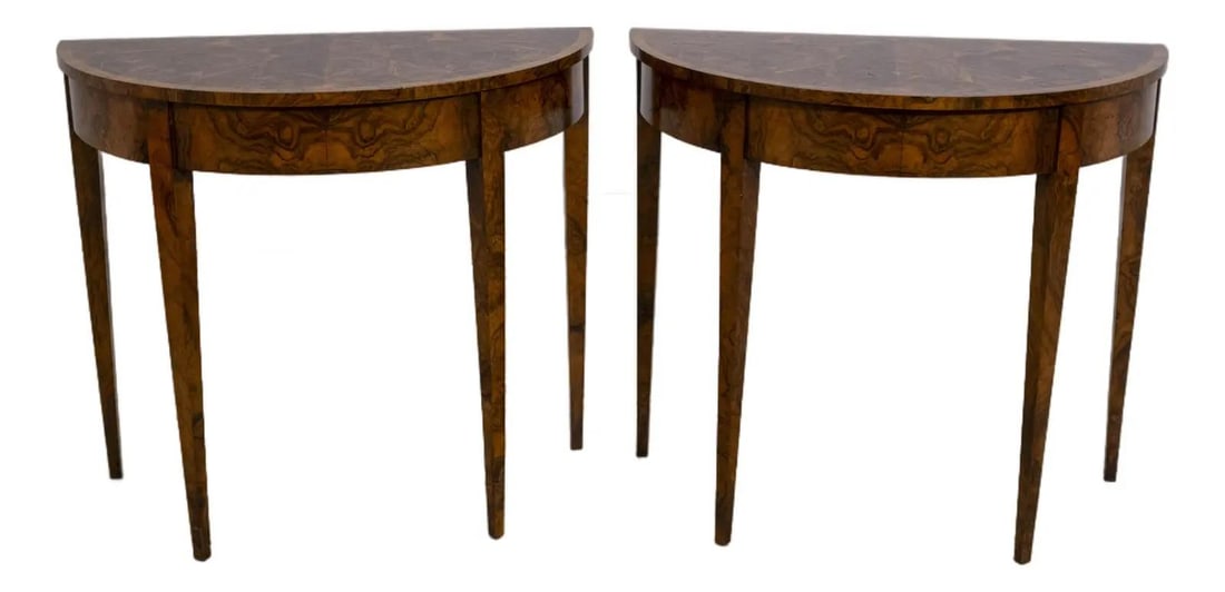 Vintage Pair of English Oysterwood Demilune Console Tables: Vintage Pair of English Oysterwood Demilune Console Tables This exquisite pair of English demilune console tables showcases stunning oysterwood construction, reflecting high-quality craftsmanship. Eac