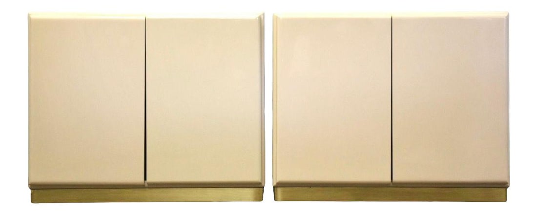 Vintage Ivory Cabinets by Milo Baughman for Thayer Coggin: Vintage Ivory Cabinets by Milo Baughman for Thayer Coggin This pair of vintage ivory cabinets, designed by Milo Baughman for Thayer Coggin, features elegant double doors and is lined with a brass fram