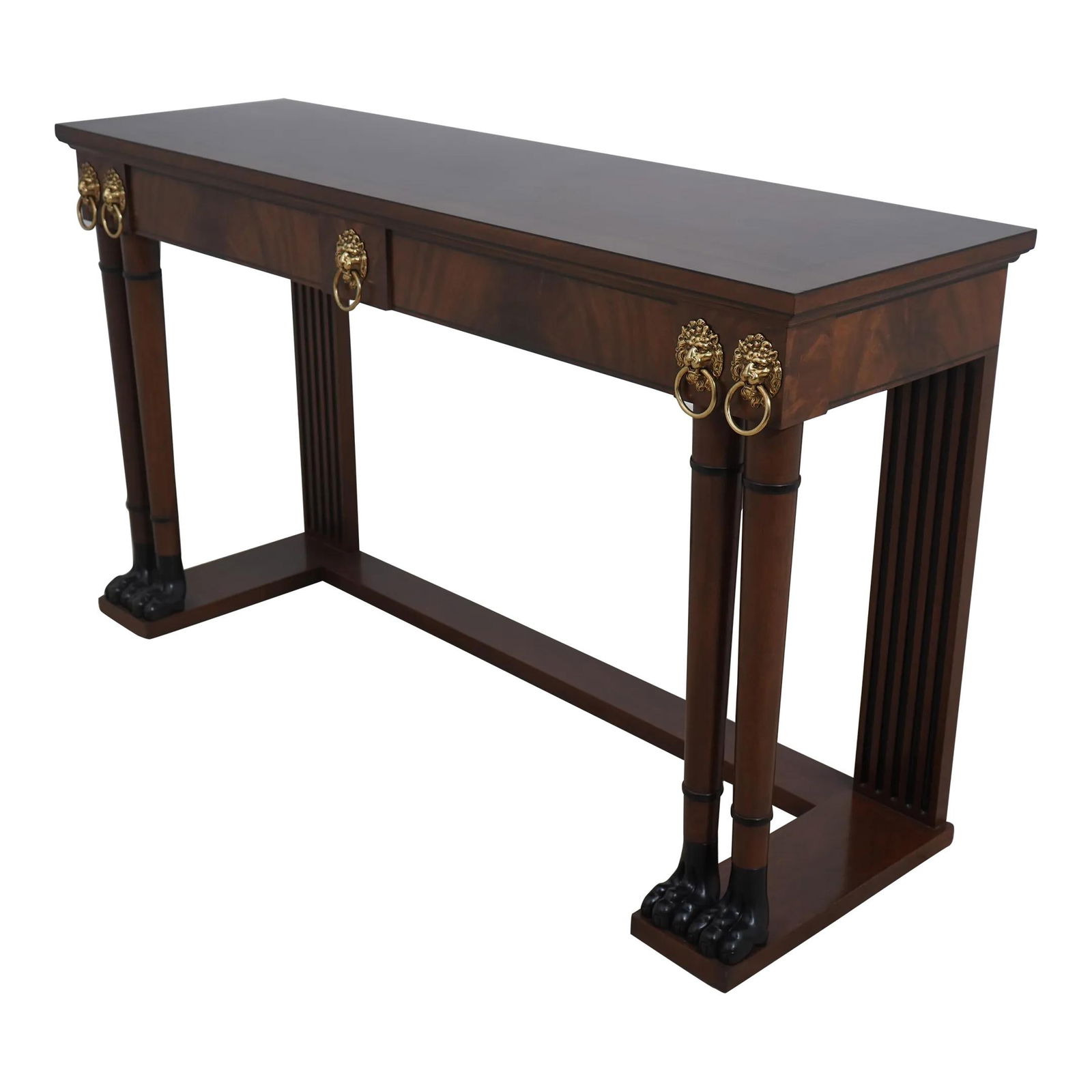 Baker Neoclassical Mahogany Console Table with Black Ebonized Paw Feet: Baker Neoclassical Mahogany Console Table with Black Ebonized Paw Feet This Baker Neoclassical Console Table showcases exquisite craftsmanship and timeless design, featuring elegant mahogany wood cons