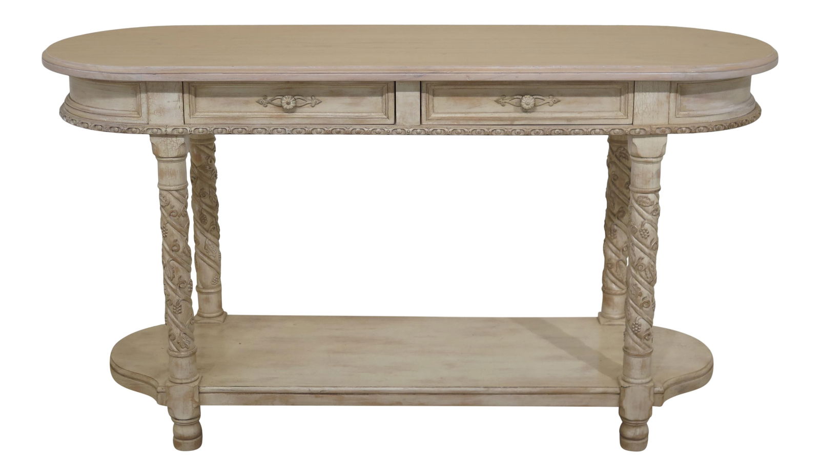 1980s Grapevine Carved White Console Table with 2 Drawers: 1980s Grapevine Carved White Console Table with 2 Drawers This charming 1980s traditional console table showcases exquisite grapevine carvings and a stunning white crackle finish. Designed with two do