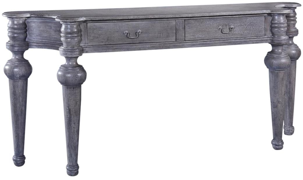 Toledo Transitional Console Table with Brass Accents 39H 84W 18D: Toledo Transitional Console Table with Brass Accents 39H 84W 18D The Transitional Toledo Console Table is a striking addition to any home, featuring a sophisticated weathered gray finish that compleme