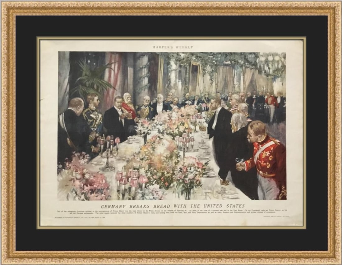 Theodore Roosevelt 1902 Harper's Weekly Custom Framed Lithograph: Theodore Roosevelt 1902 Harper's Weekly Custom Framed Lithograph This original 1902 Harper's Weekly newspaper clip features President Theodore Roosevelt during Prince Henry of Prussia's goodwill visit
