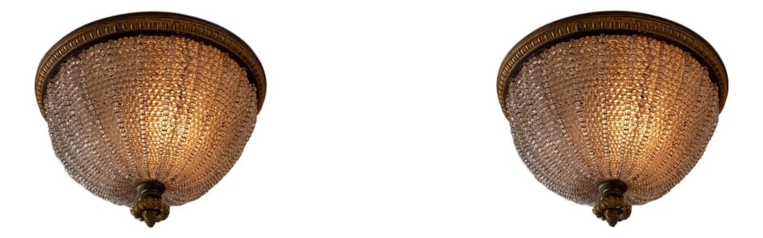 Vintage French Beaded Crystal Chandeliers Pair in Bronze Frame: Vintage French Beaded Crystal Chandeliers Pair in Bronze Frame This pair of vintage flush mount chandeliers exudes timeless elegance with their exquisite beaded crystal design. Approximately 80 years