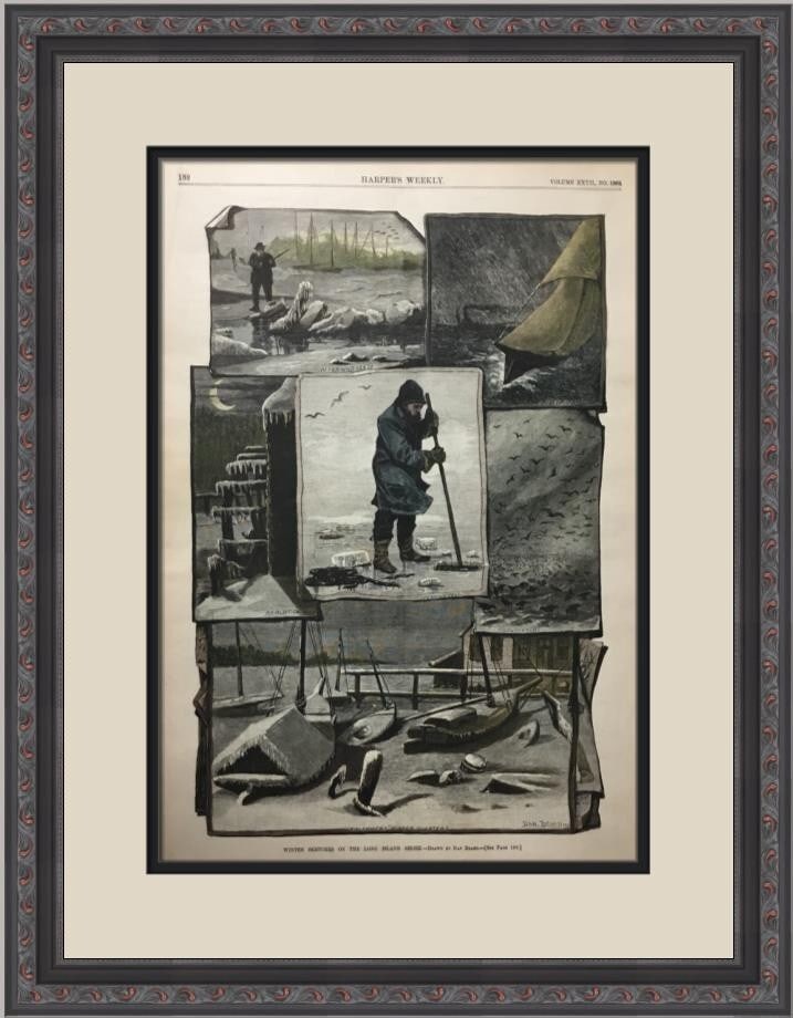 Harper's Weekly 1883 Newspaper Winter Engraving Custom Framed 22 x 16: Harper's Weekly 1883 Newspaper Winter Engraving Custom Framed 22 x 16 This original 1883 edition of Harper's Weekly features a beautifully hand-colored engraving depicting winter scenes. The paper mea