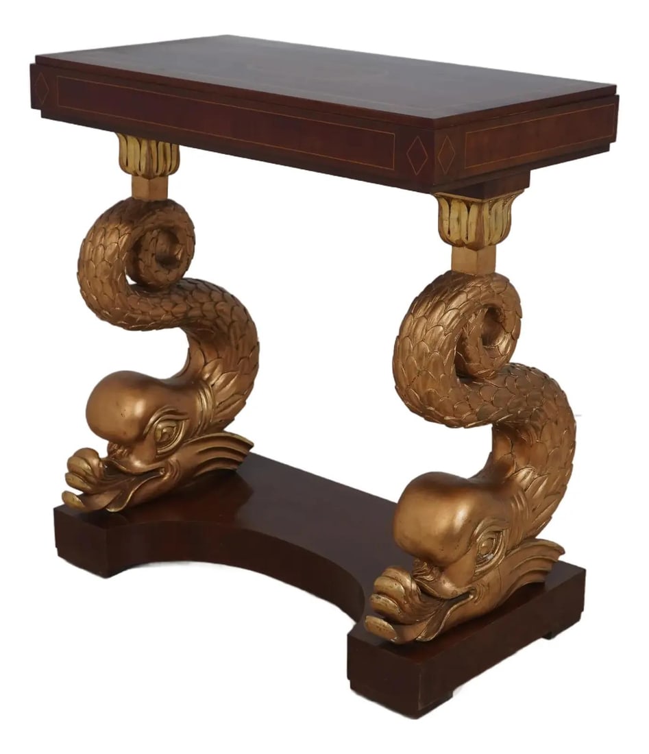 Antique Italian Mahogany Console Table with Dolphin Base and Inlay: Antique Italian Mahogany Console Table with Dolphin Base and Inlay This exquisite Antique Italian Console Table features a stunning dolphin-carved base and intricate inlay work, showcasing high-qualit
