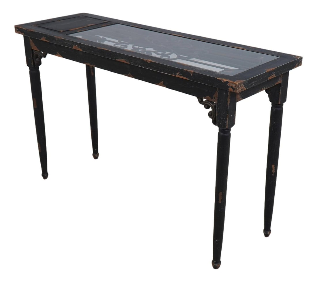 Continental Style Distressed Iron Wood Console Table with Glass Top: Continental Style Distressed Iron Wood Console Table with Glass Top This stunning Continental style console table showcases a perfect blend of iron, wood, and glass with a charming distressed finish.
