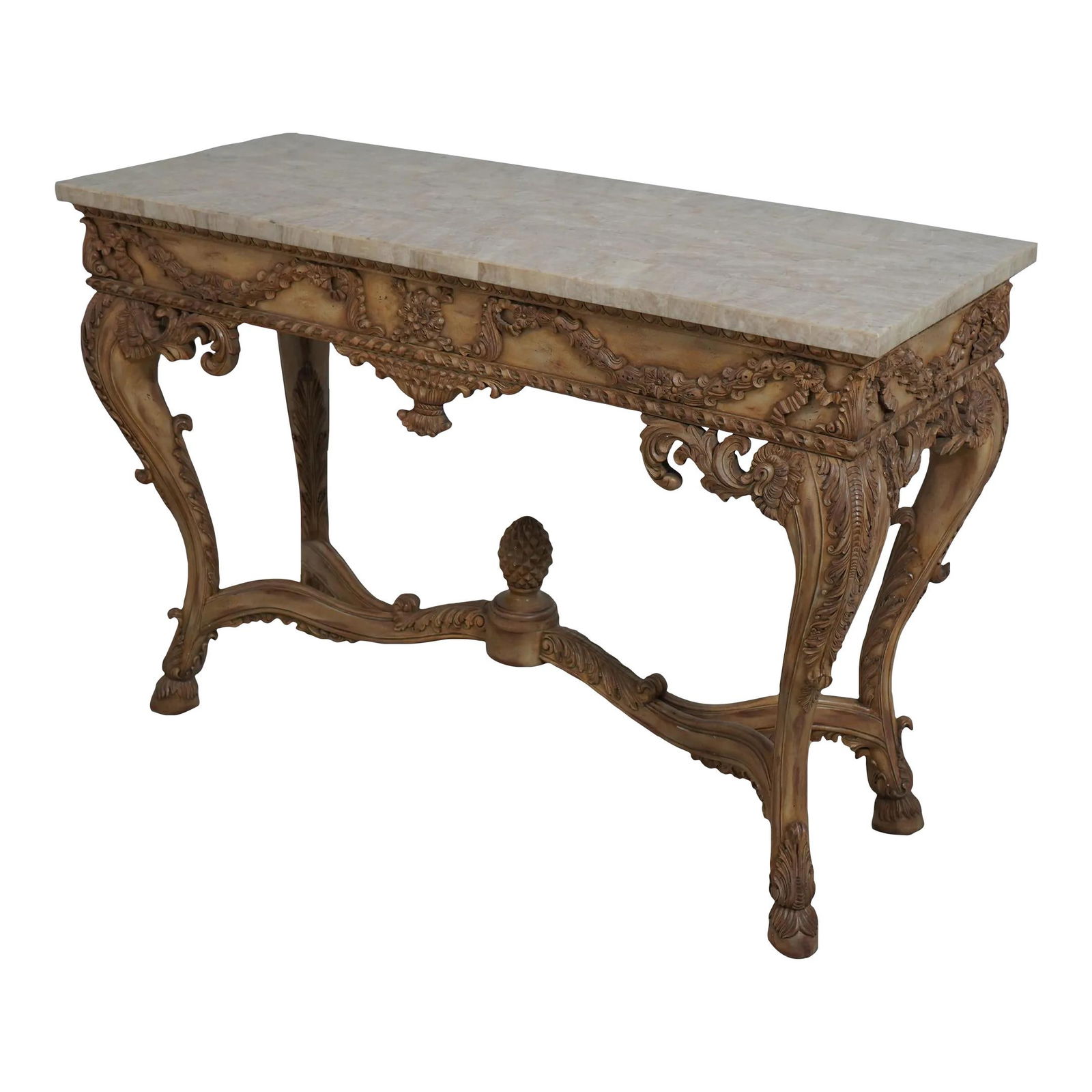 Maitland Smith Ornate Marble Top Console Table with Carved Feet: Maitland Smith Ornate Marble Top Console Table with Carved Feet This exquisite console table features a highly carved marble top with a factory distressed painted finish. Approximately 20 years old, i