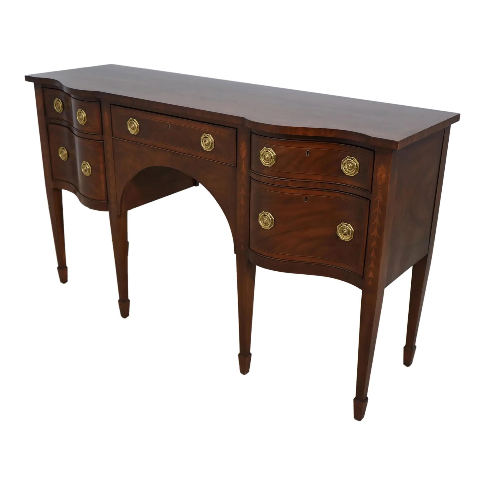 Ej Victor Federal Mahogany Sideboard Model 9002-21 with Inlay: Ej Victor Federal Mahogany Sideboard Model 9002-21 with Inlay This elegant Ej Victor Federal Mahogany Sideboard features exquisite inlay work and is designed in a classic French style. Crafted approxi