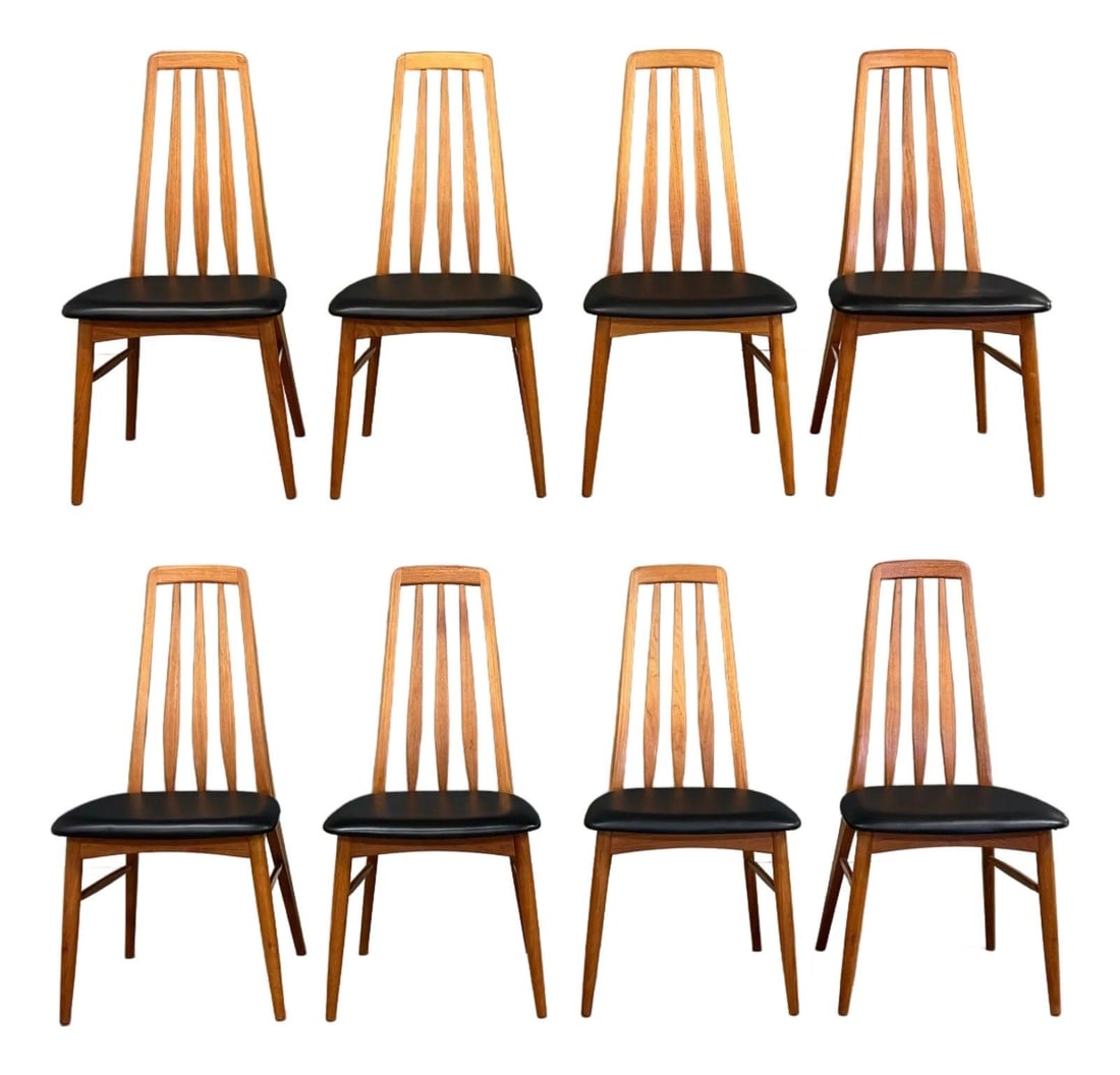 Mid Century Modern Teak Eva Dining Chairs by Koefoeds Hornslet Set of 8: Mid Century Modern Teak Eva Dining Chairs by Koefoeds Hornslet Set of 8 Enhance your dining experience with this stunning set of eight Danish Modern teak Eva dining chairs, designed by Koefoeds Hornsl