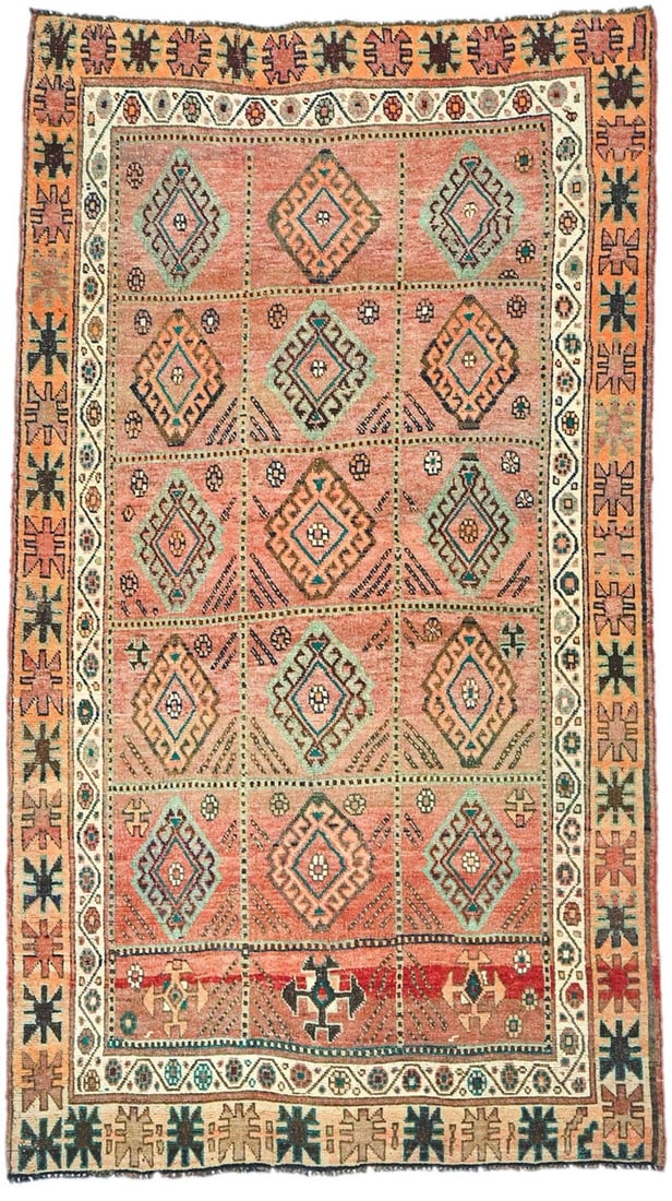 Vintage Hand-Knotted Oriental Runner Rug 4'11 x 8'7 ft Wool Geometric Tribal: Vintage Hand-Knotted Oriental Runner Rug 4'11 x 8'7 ft Wool Geometric Tribal Add a touch of elegance to your home with this Vintage Distressed Oriental Runner Rug, featuring a muted color palette of b