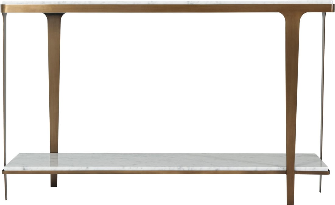 Theodore Alexander Cordell Marble Steel Console Table: Theodore Alexander Cordell Marble Steel Console Table Elevate your living space with the Elegant Cordell Console, a stunning blend of marble and steel. This console table features a sleek rectangular