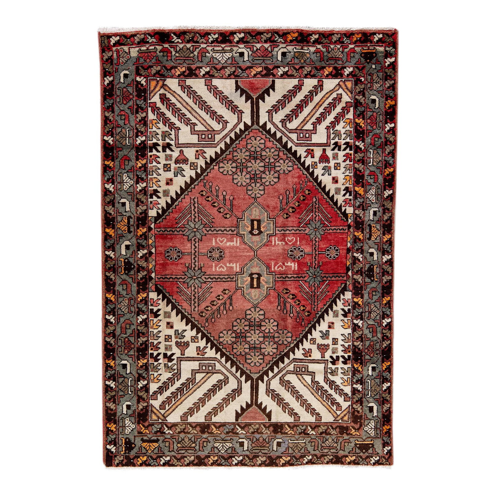 Vintage Handmade Persian Wool Rug Ivory Geometric Design 4'2" X 6'8": Vintage Handmade Persian Wool Rug Ivory Geometric Design 4'2" X 6'8" This exquisite Vintage Persian hand-knotted wool rug features a stunning ivory field adorned with a vibrant multicolor geometric de
