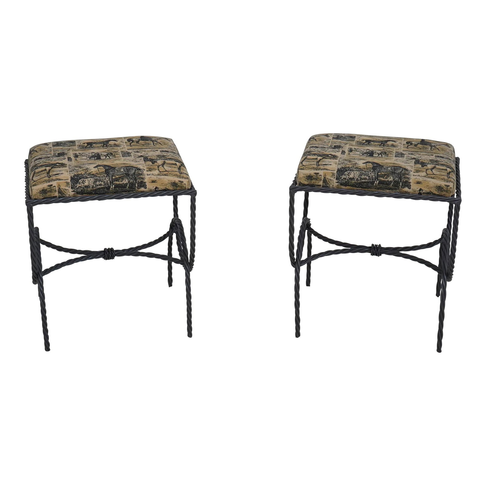 Charming Equestrian Horse Print Upholstered Benches Gray Finish: Charming Equestrian Horse Print Upholstered Benches Gray Finish This pair of upholstered benches features a charming equestrian horse print, adding a touch of rustic elegance to any space. The benches