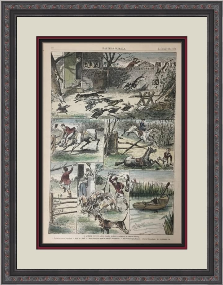 Harper's Weekly 1878 Fox Hunt Newspaper Custom Framed 22 x 17: Harper's Weekly 1878 Fox Hunt Newspaper Custom Framed 22 x 17 This original 1878 edition of Harper's Weekly features a hand-colored engraving depicting a lively fox hunt, offering a glimpse into 19th-