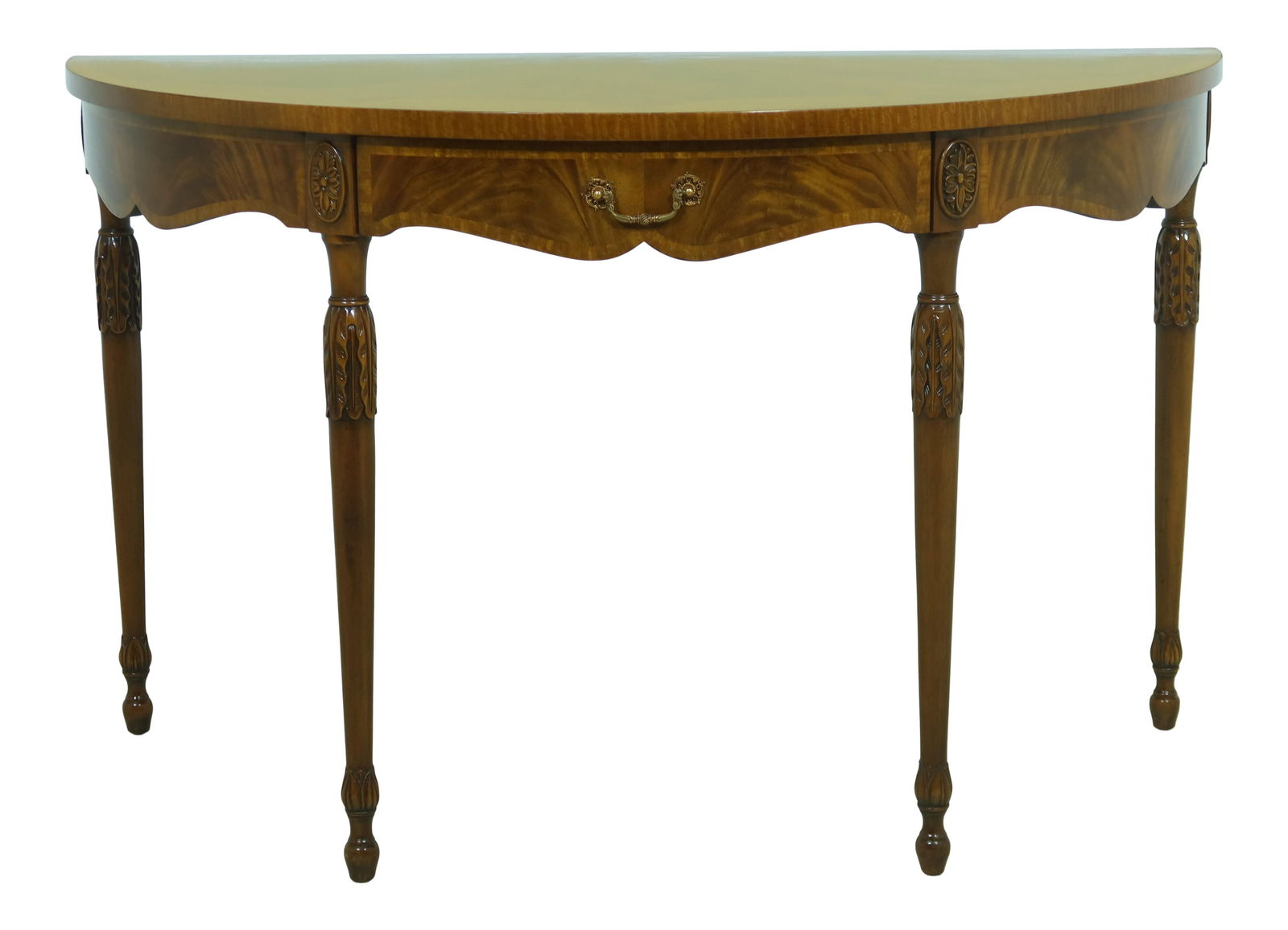 Maitland Smith Demi Lune Mahogany Console Table 1 Drawer 54" Wide: Maitland Smith Demi Lune Mahogany Console Table 1 Drawer 54" Wide Enhance your space with this impressive Maitland Smith Large Demi Lune Console Table, crafted from exquisite figural mahogany. This ta